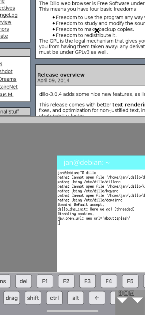 Mocha X11 - Mocha X11 モバイル インターフェイスにリモート Linux ターミナルと Dillo ブラウザーが表示されます