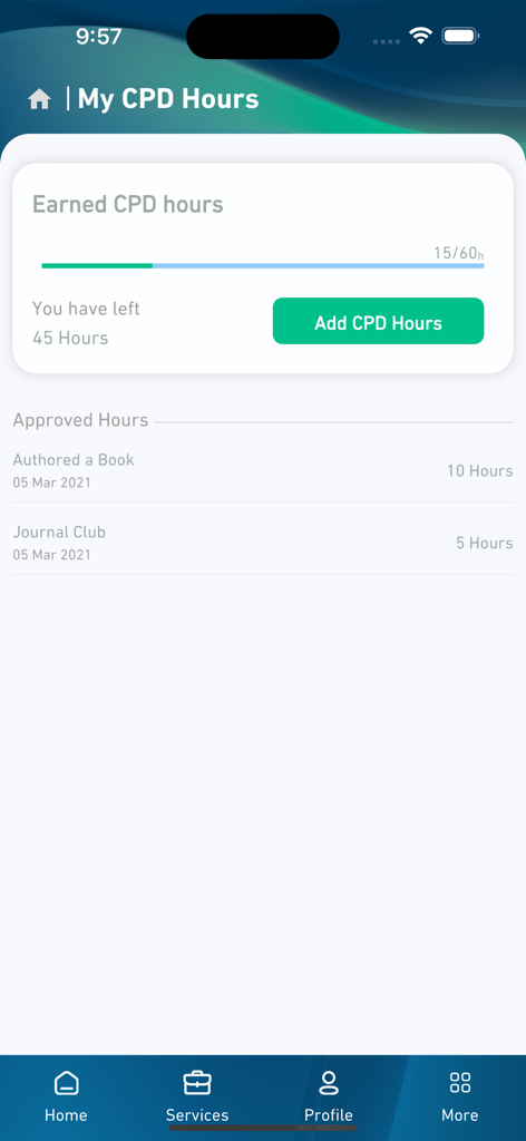 Mumaris+ - Mumaris plus app dashboard showing progress and history of Continuing Professional Development CPD hours