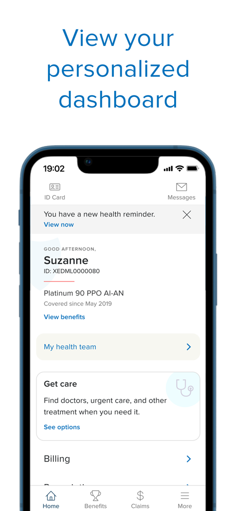 Blue Shield of California - Schermata dello smartphone che mostra la dashboard personalizzata dell'app Blue Shield of California con le informazioni sul piano sanitario del membro