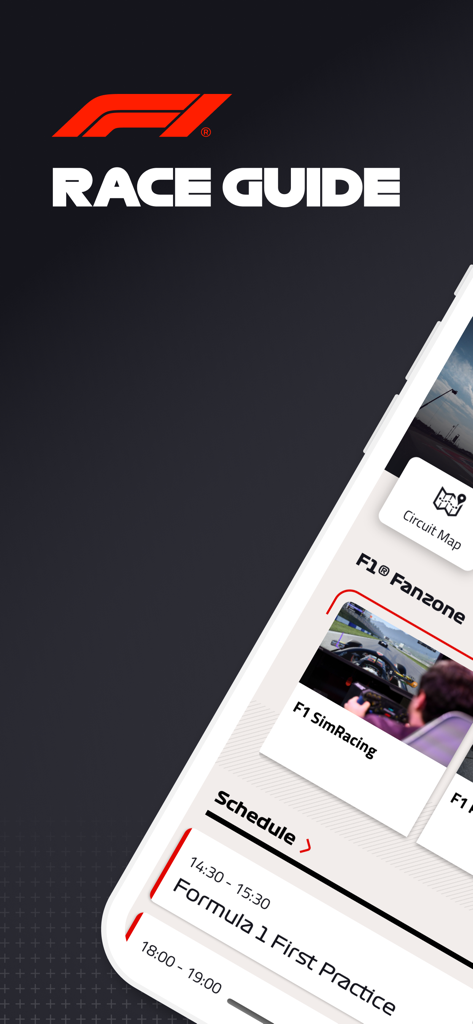 F1 Race Guide - F1 Race Guide mobile app showing the race schedule and fanzone activities