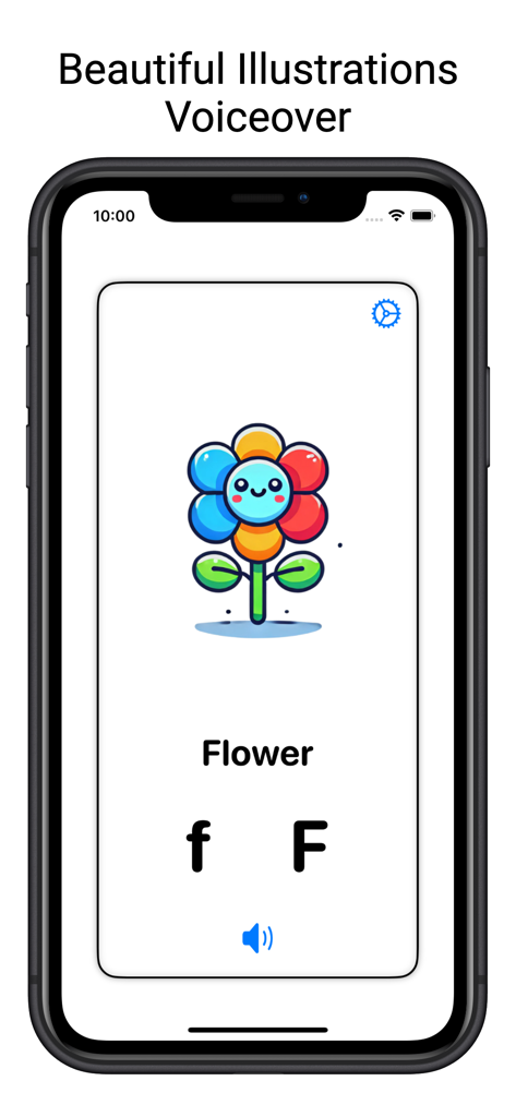 Alphabet Flash Cards for kids - Cartão educacional mostrando uma ilustração de flor colorida para a letra F com opção de narração