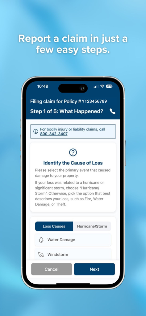 Tela do aplicativo Tower Hill Mobile mostrando o primeiro passo para registrar um sinistro de seguro de propriedade