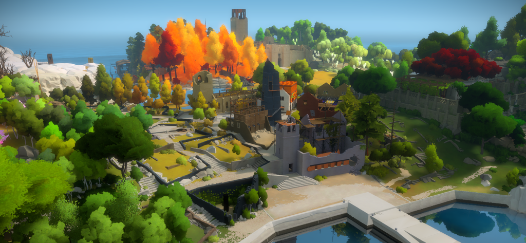 Una vibrante vista de ángulo alto de la colorida isla en The Witness.