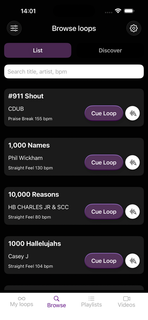 Browse loops interface in the Loops By CDub app showing a list of worship and gospel drum loops with titles and BPM.