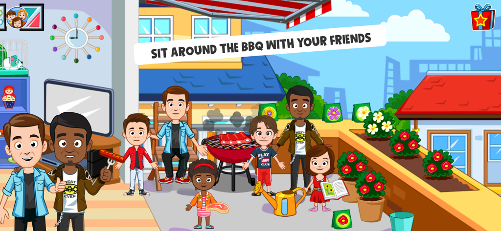 My Town Friends House PJ game - Personagens de desenho animado organizando um churrasco em um terraço de casa na My Town Friends House.