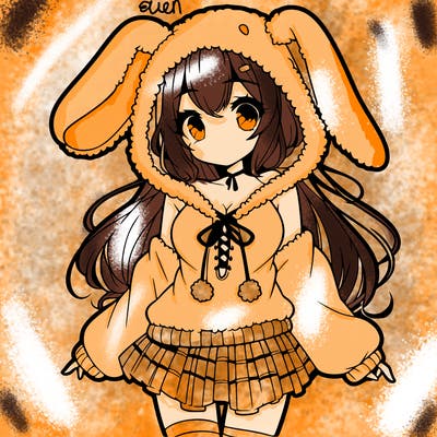 pretty anime girl wearing a fluffy hoodie with bunny ears on the hood and a skirt