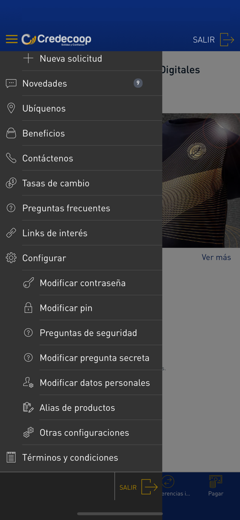 Credecoop en Línea - Menú de navegación de la aplicación financiera Credecoop en Línea que muestra la configuración de la cuenta y los servicios.