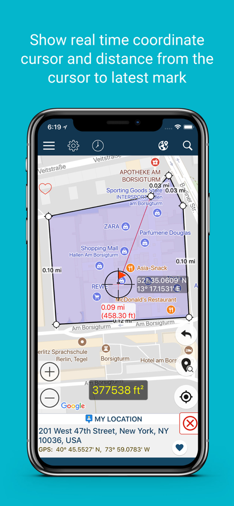 Measure Map app interface showing real time coordinate cursor and distance measurements on a map