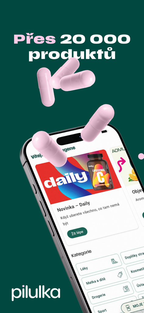 Interface do aplicativo Pilulka mostrando várias categorias de produtos de saúde e farmácia com cápsulas cor-de-rosa flutuantes.