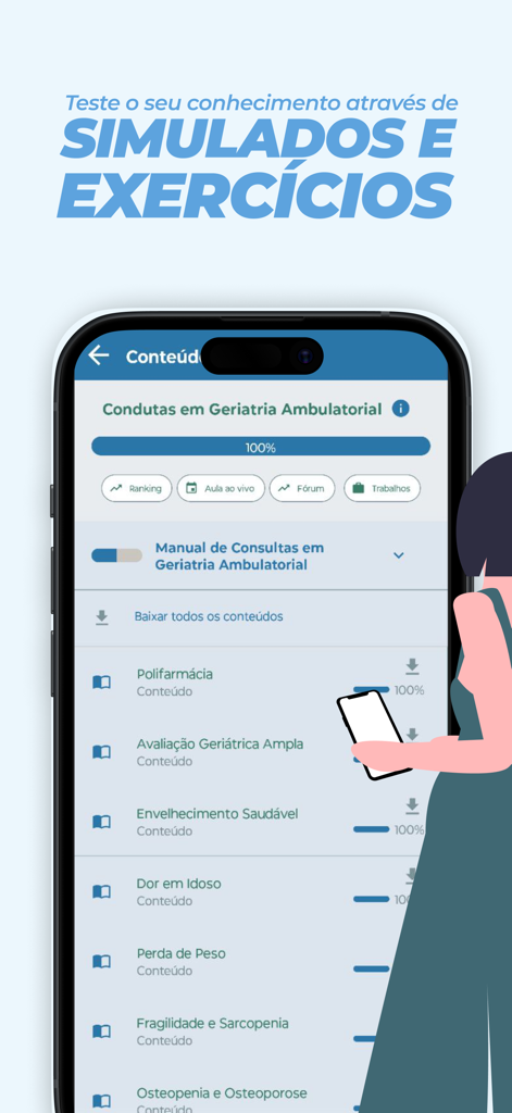Avance - Smartphone display of the Avance app showing a list of educational modules and completed course progress bars.