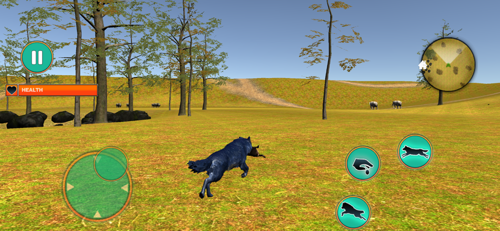 The Wild Wolf Sim: Rpg Game 3D - A dark wolf running in an open world landscape within a 3D simulator game.
