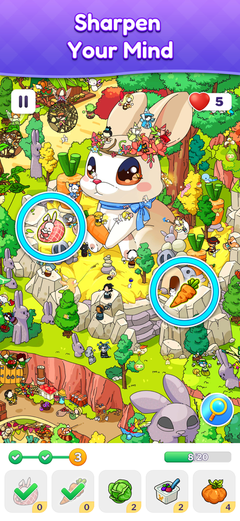 Uma cena colorida de jogo de objetos escondidos apresentando um coelho gigante e vários itens da floresta para encontrar.