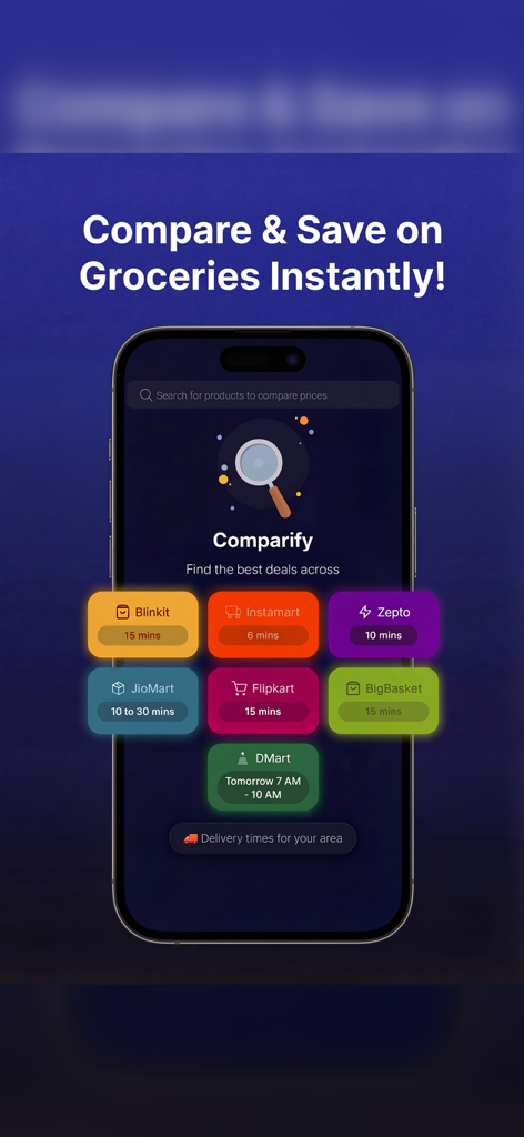 Comparify: Cabs & Groceries - Interface of the Comparify app showing a comparison of grocery delivery times across platforms like Blinkit Instamart and Zepto