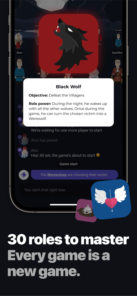 Wolfy - Wolfy game interface showing a Black Wolf role description card with objective and power details