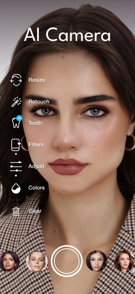 Interface of the Persona AI Beauty Editor camera showing retouching tools like teeth whitening and filters on a portrait photo.