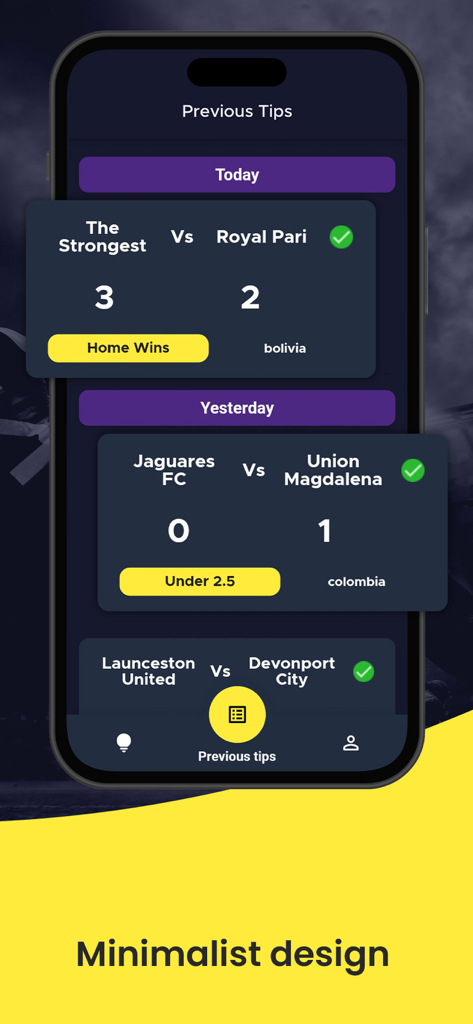 Gonzo Tips - Interface de l'application Gonzo Tips montrant les précédents pronostics de paris sur le football réussis et un design minimaliste.