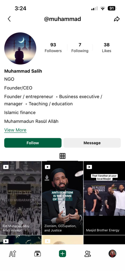 A profile screen in the Zaytun AI app featuring a user bio and a grid of halal video content.