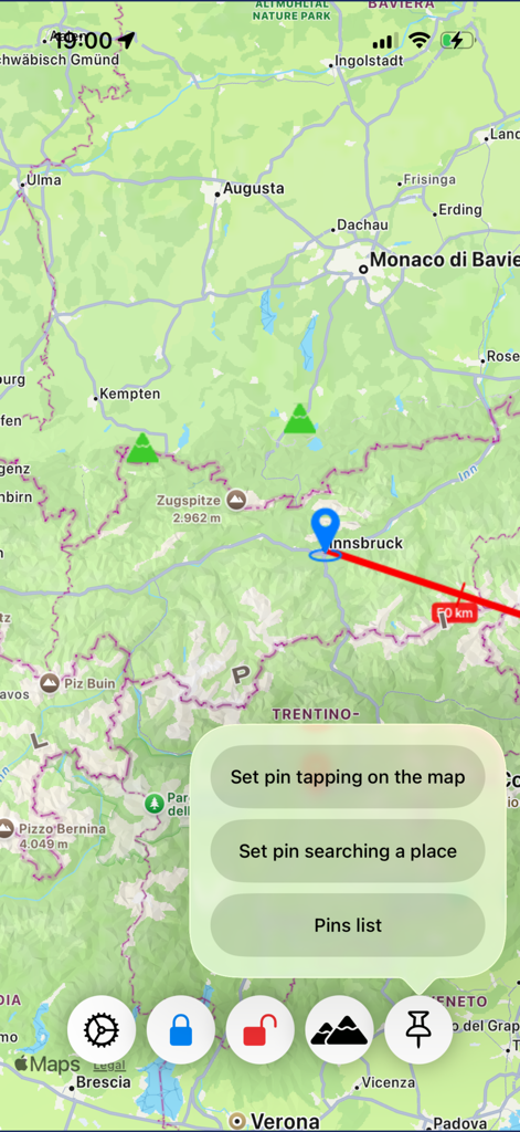 Direction explorer - Direction Explorerの地図インターフェース。方位線とピン配置オプションが表示されている。
