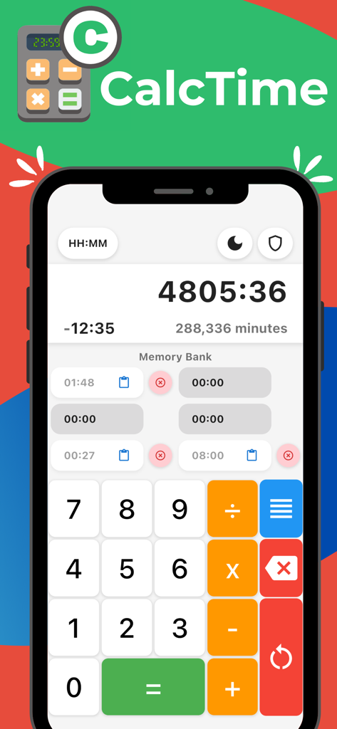 Calculator hours and minutes - Interfaccia dell'app CalcTime che mostra un calcolo dell'ora con banchi di memoria su uno smartphone