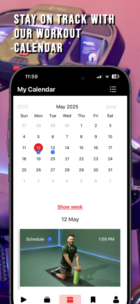 Fitscope app interface displaying a monthly workout calendar and scheduled classes to track fitness progress