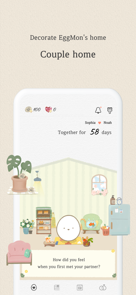 A screenshot of the SumOne app showing a customizable virtual room for couples featuring a cute egg character and a daily relationship question.