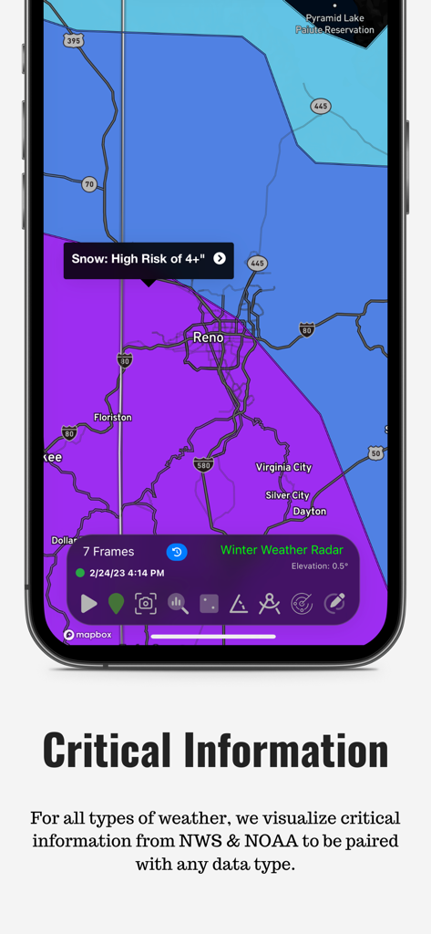 RadarOmega - RadarOmega app interface showing a high-risk snow alert and winter weather radar map on an iPhone.