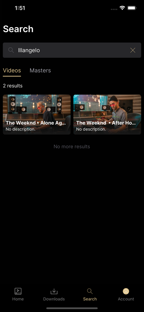 Écran de résultats de recherche de l'application Mix With The Masters pour le producteur Illangelo, présentant des tutoriels sur The Weeknd