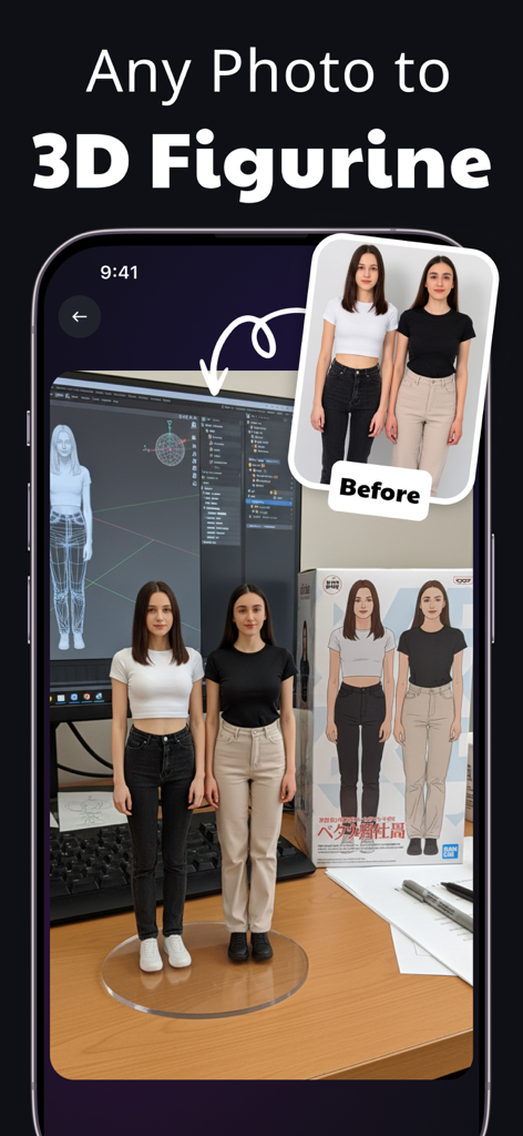 AI Video Generator: VIDIOAI - A screenshot of the VidioAI app showing a feature that transforms a photo of two people into a 3D figurine and digital 3D model.