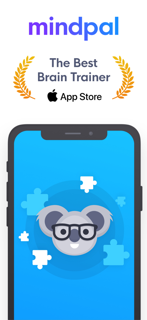 MindPal promotional screen showing a koala mascot with glasses and text naming it the best brain trainer