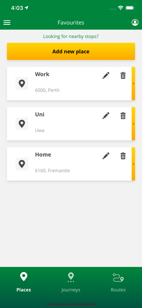 Transperth app Favourites screen showing saved locations for Work, Uni, and Home with an option to add new places.