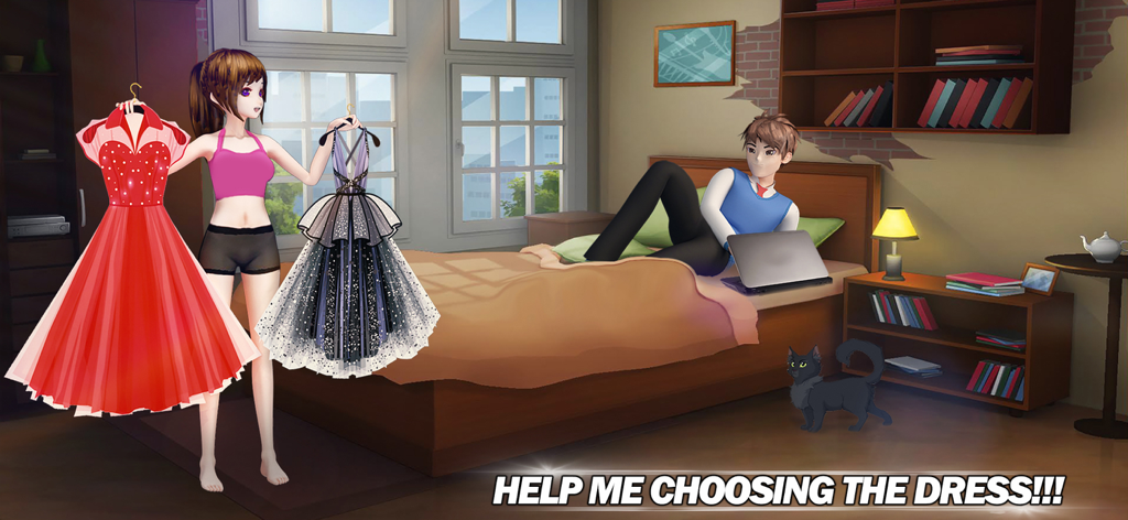 Anime Girl Love Life Simulator - Anime girl character choosing between two dresses in a bedroom setting with her boyfriend and a cat