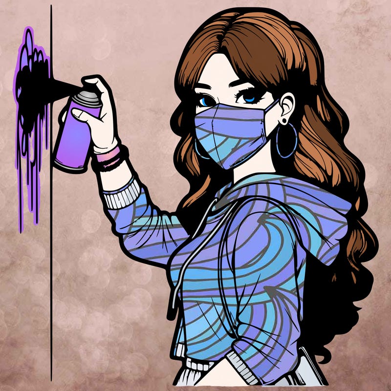 realistic girl with mask spray painting a wall