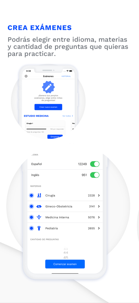 Estudio Medicina App-Oberfläche zur Konfiguration benutzerdefinierter medizinischer Prüfungen nach Fach und Sprache