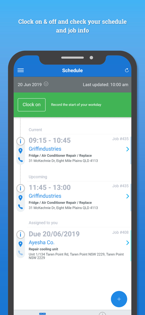 Simpro Mobile app schedule screen showing a daily list of field technician jobs and a clock on button