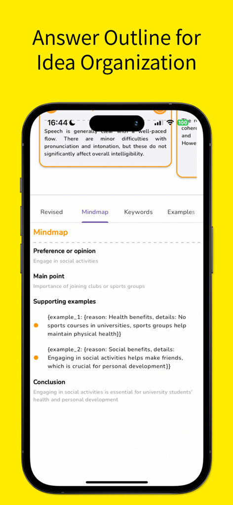LingoLeap: AI TOEFL Prep - A mobile screen showing the LingoLeap app's answer outline and mindmap feature for organizing TOEFL speaking and writing responses.