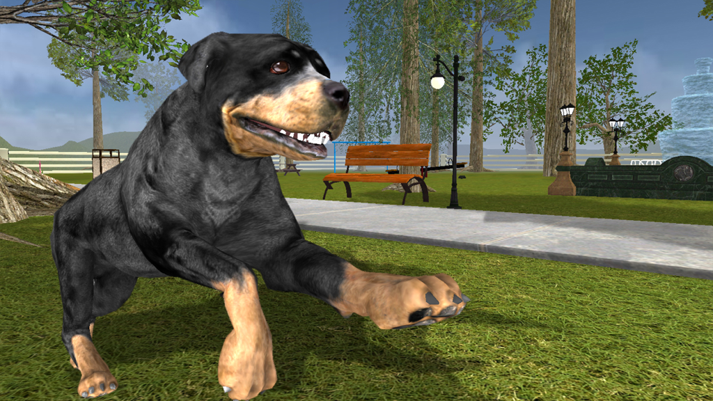 Rottweiler Dog Life Simulator - 3D Rottweiler dog standing in a green city park with a bench and trees