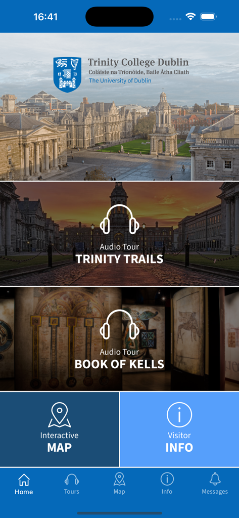 Visit Trinityアプリのホーム画面。ケルズの書とトリニティトレイルのオーディオツアー、インタラクティブマップが表示されています。