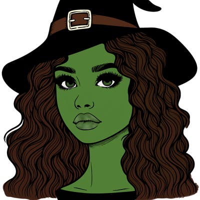 realistic girl with wavy hair a witch hat and a nose and lips and eyes