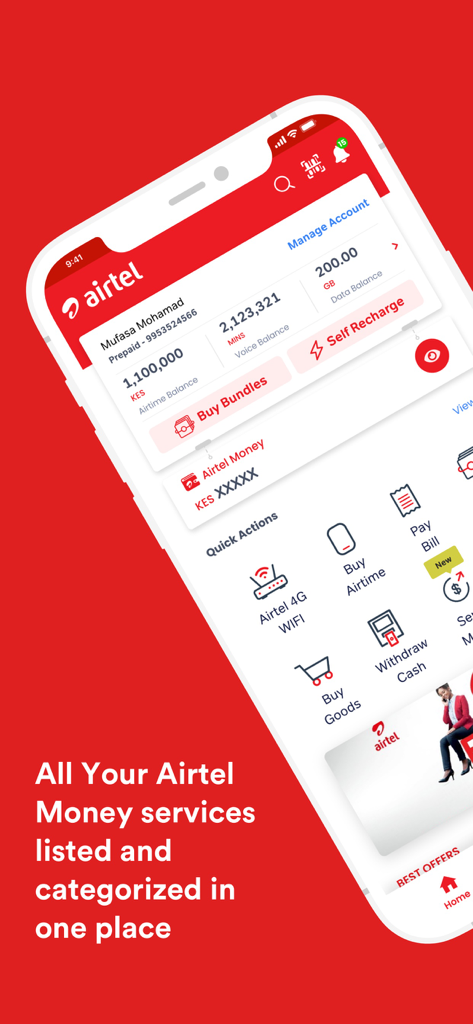 My Airtel Africa - Capture d'écran du tableau de bord de l'application Mon Airtel Afrique affichant les soldes de compte et les options de service d'argent mobile.