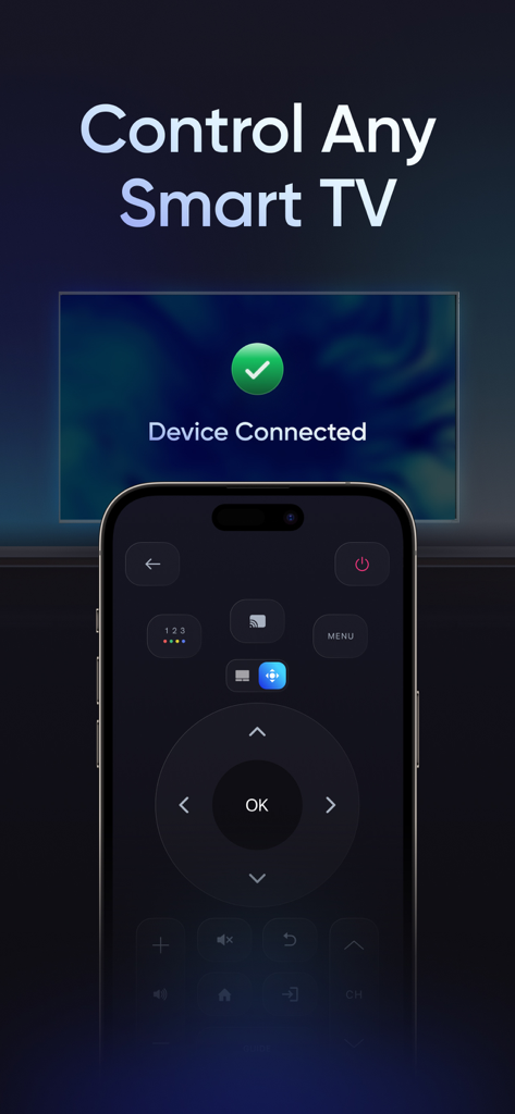 iPhone screen displaying a digital smart TV remote control interface with device connected confirmation