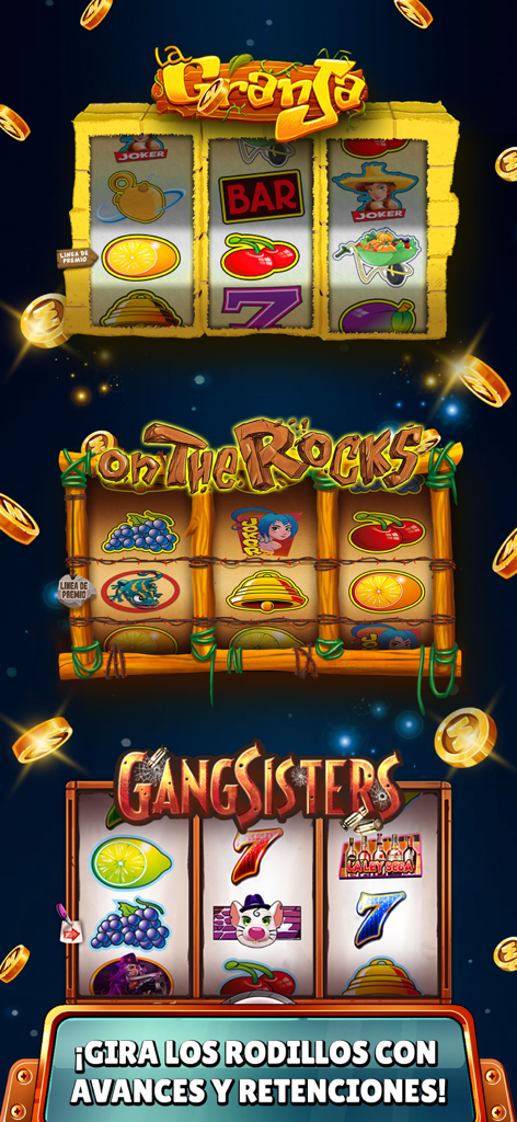 Tres máquinas tragaperras temáticas de bar español del juego móvil Mundo Slots.