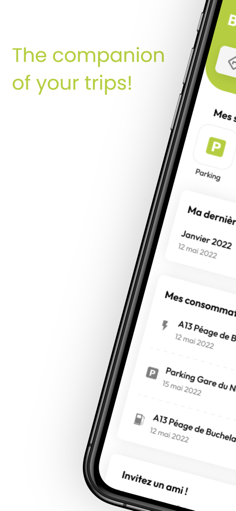 Bip and Go app screen showing travel consumption and trip history