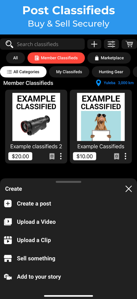 Uhunt 2.0 - Uhunt 2.0 app marketplace interface showing classified listings for hunting gear and a create post menu