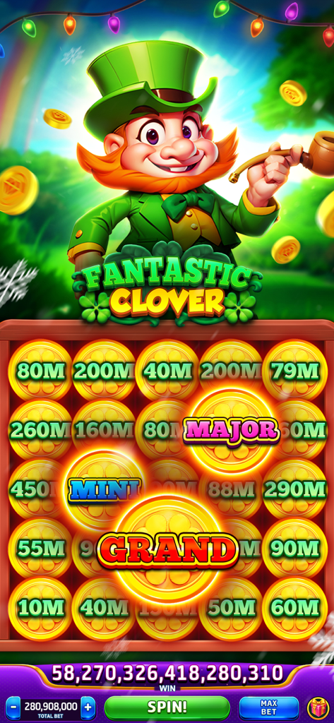 Schermata del gioco Grand Cash Slots Fantastic Clover con un leprechaun e monete jackpot