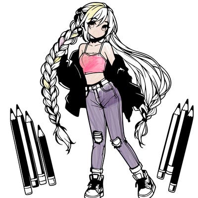 an anime themed girl with beautiful braid reaching their waist, they are wearing a cropped top and ripped jeans with high tops and a leather jacket