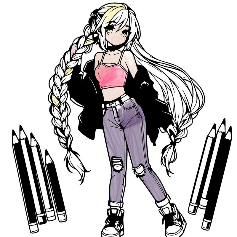 an anime themed girl with beautiful braid reaching their waist, they are wearing a cropped top and ripped jeans with high tops and a leather jacket