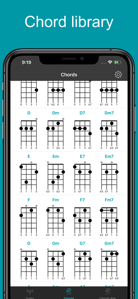 Bibliothèque d'accords de l'application Ukulele Tuner EM1 montrant les doigtés pour divers accords