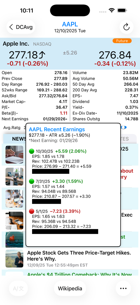 DCAvg - Screen showing Apple stock financial statistics and recent earnings history in the DCAvg app