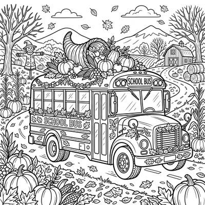 Discover a festive school bus adorned with beautiful Thanksgiving harvest decorations. This charming coloring page is perfect for celebrating the season of gratitude and autumn fun.