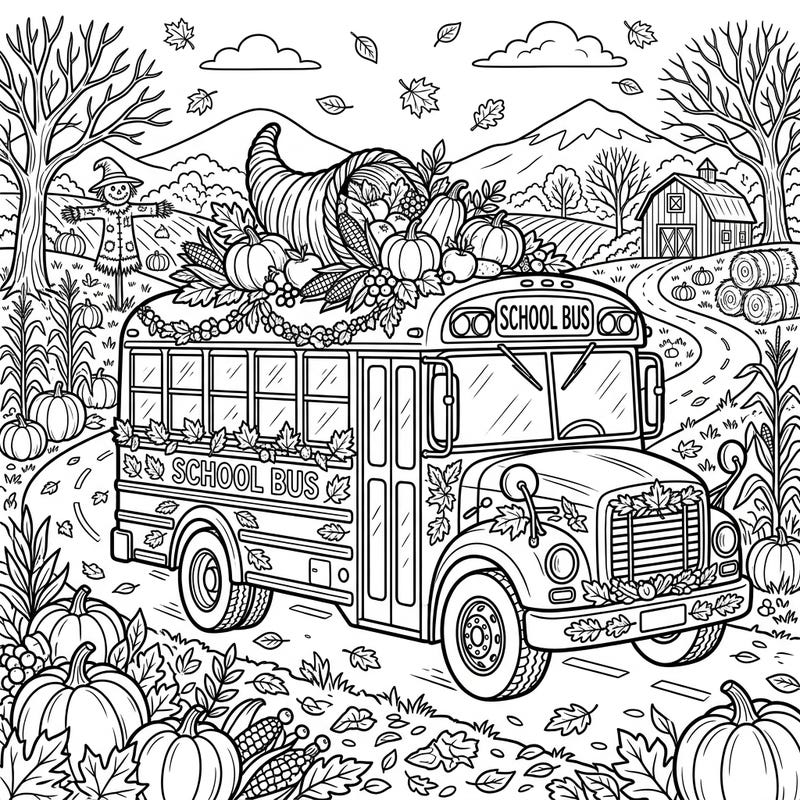 Discover a festive school bus adorned with beautiful Thanksgiving harvest decorations. This charming coloring page is perfect for celebrating the season of gratitude and autumn fun.